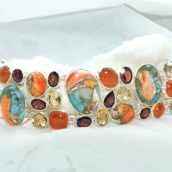 Semi Pricious Gemstone 925 Sterling Silver Bracelets, Chunky Multi Bracelets - Picture 4 of 6